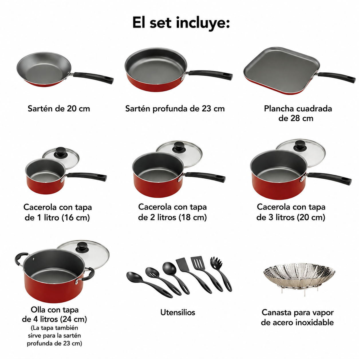 Juego de utensilios de cocina antiadherentes Tramontina Primaware de 18 piezas, rojo