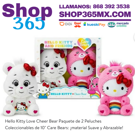 Hello Kitty Love Cheer Bear Paquete de 2 Peluches Coleccionables de 10" Care Bears: ¡material Suave y Abrazable!