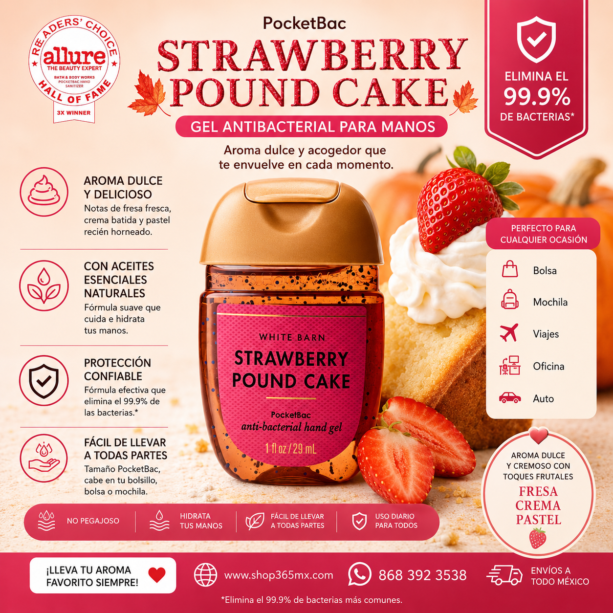 Gel Antibacterial Strawberry Pound Cake PocketBac Bath & Body Works 29 ml