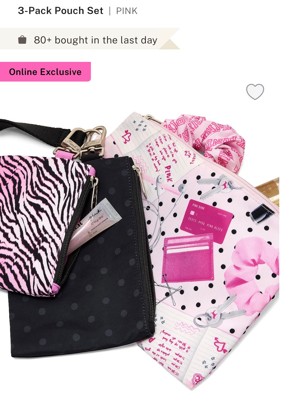 PINK Victoria’s Secret Makeup Bag Trio Set 3 Cosmetiqueras Rosa, Negro y Zebra