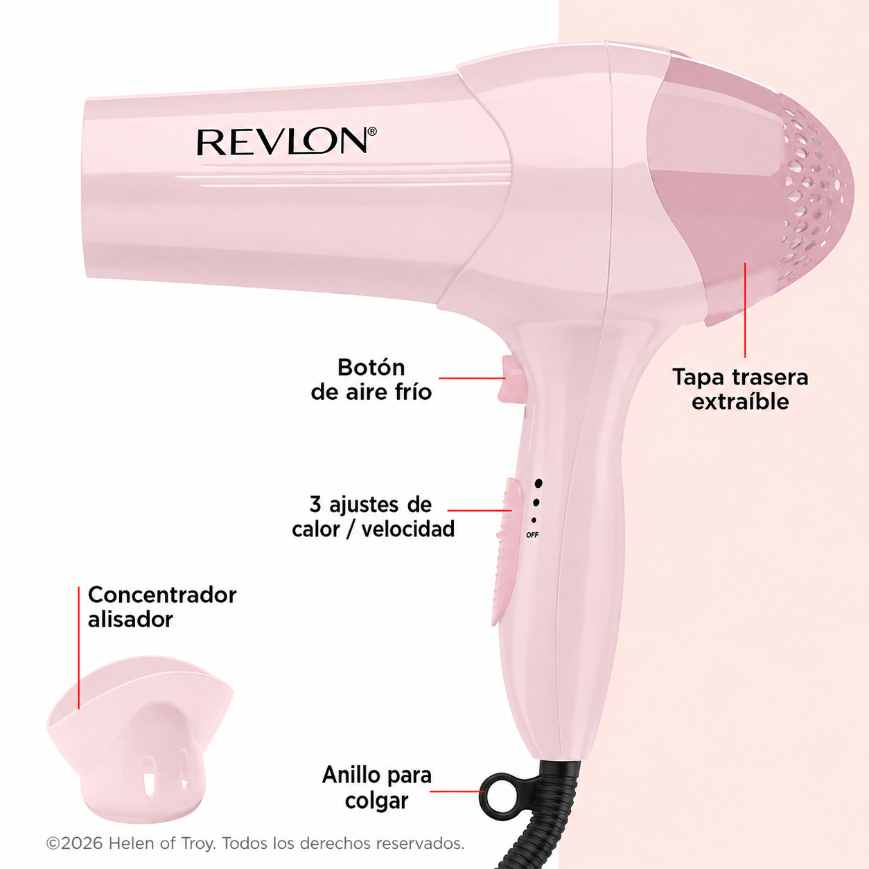 Revlon Essentials Secadora de Cabello Iónica con Control Del Frizz, 1875 Watts, Rosa Claro