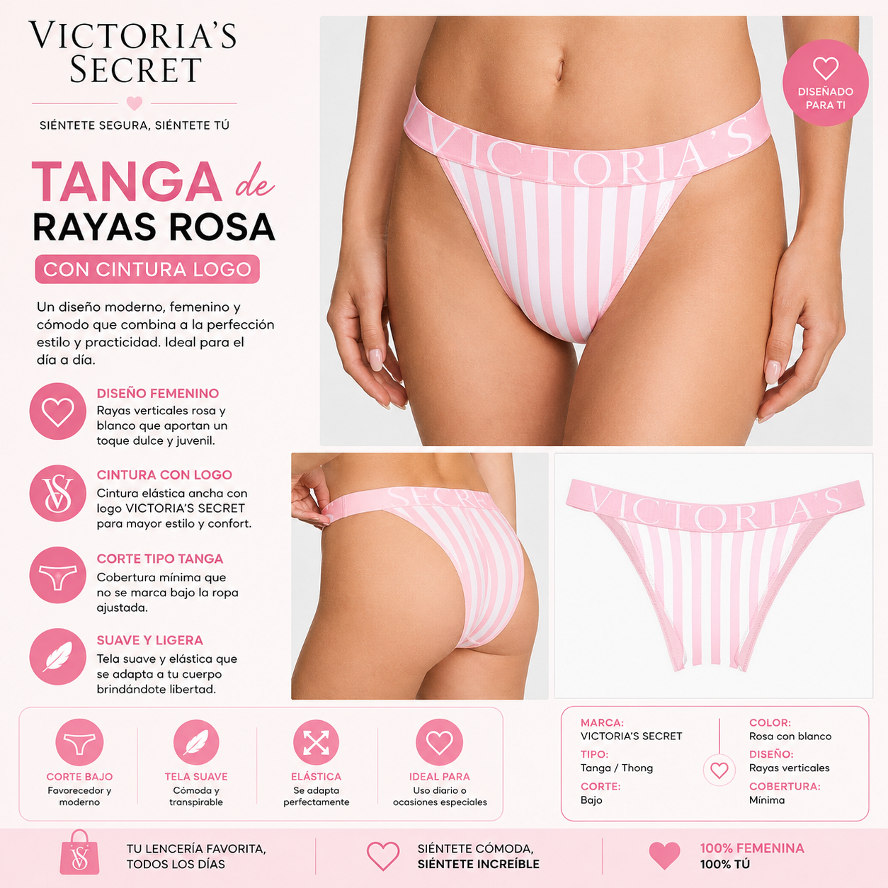 💗 Victoria’s Secret Tanga de Rayas Rosa con Cintura Logo