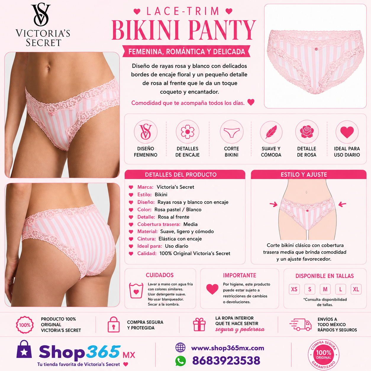 Victoria’s Secret Lace-Trim Stripe Bikini Panty – Rosa y Blanco 🎀