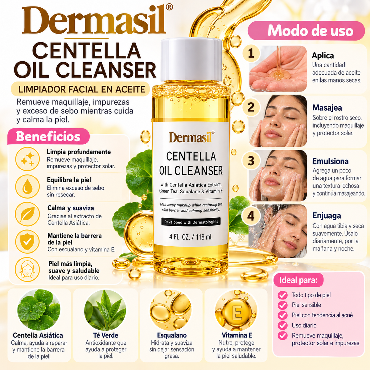 Dermasil Centella Oil Cleanser – Aceite Limpiador Facial con Centella Asiática, Té Verde, Escualano y Vitamina E 118 ml