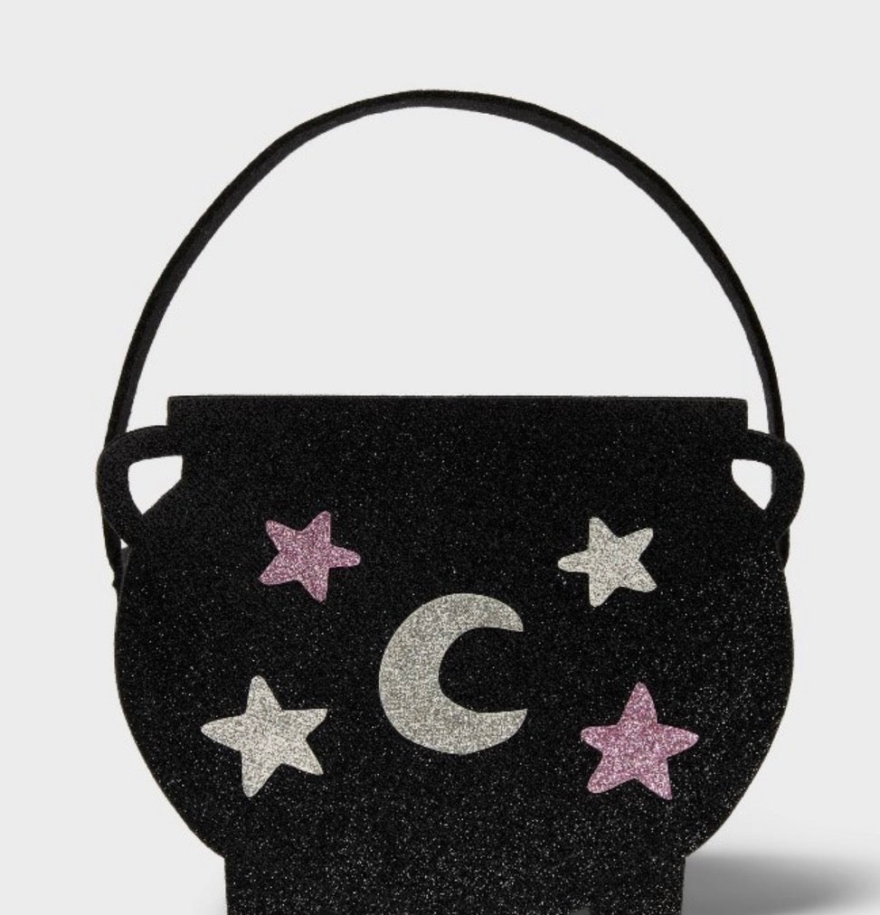 Bolsa de Dulces Halloween Negra con Glitter, Luna y Estrellas – Cubeta para Trick or Treat