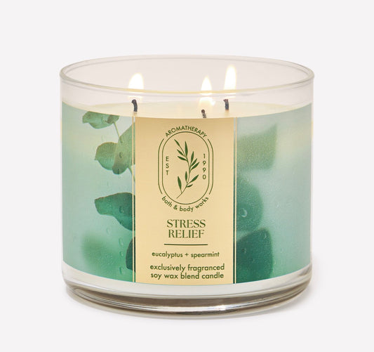 Vela Stress Relief Eucalyptus + Spearmint 3 Mechas Bath & Body Works Aromatherapy – 14.5 oz / 411 g