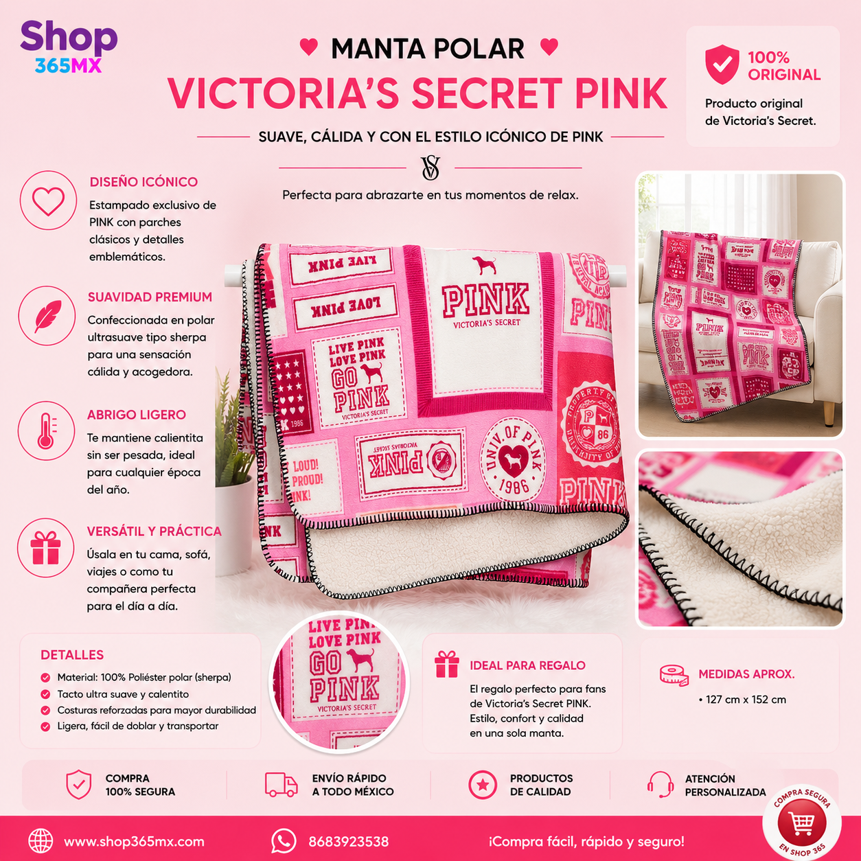 Victoria’s Secret PINK Manta Polar Sherpa + Perrito Decorativo – Set Rosa Coleccionable