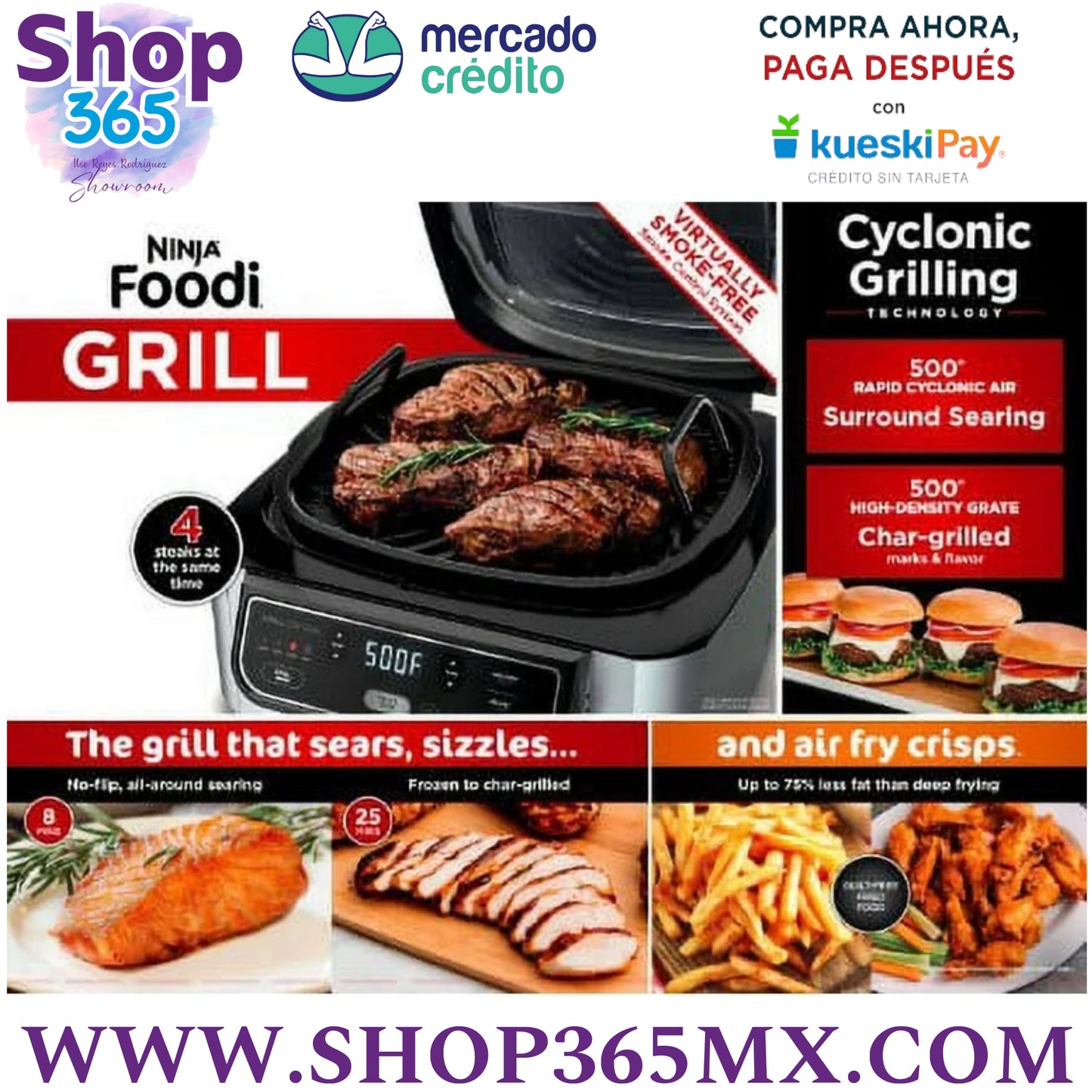 Foodi 4-in-1 Indoor Grill Ninja con Freidora de Aire de 4 Qt, Asado, Horneado y Tecnología de Parrilla Ciclónica, Negro / Inoxidable AG300