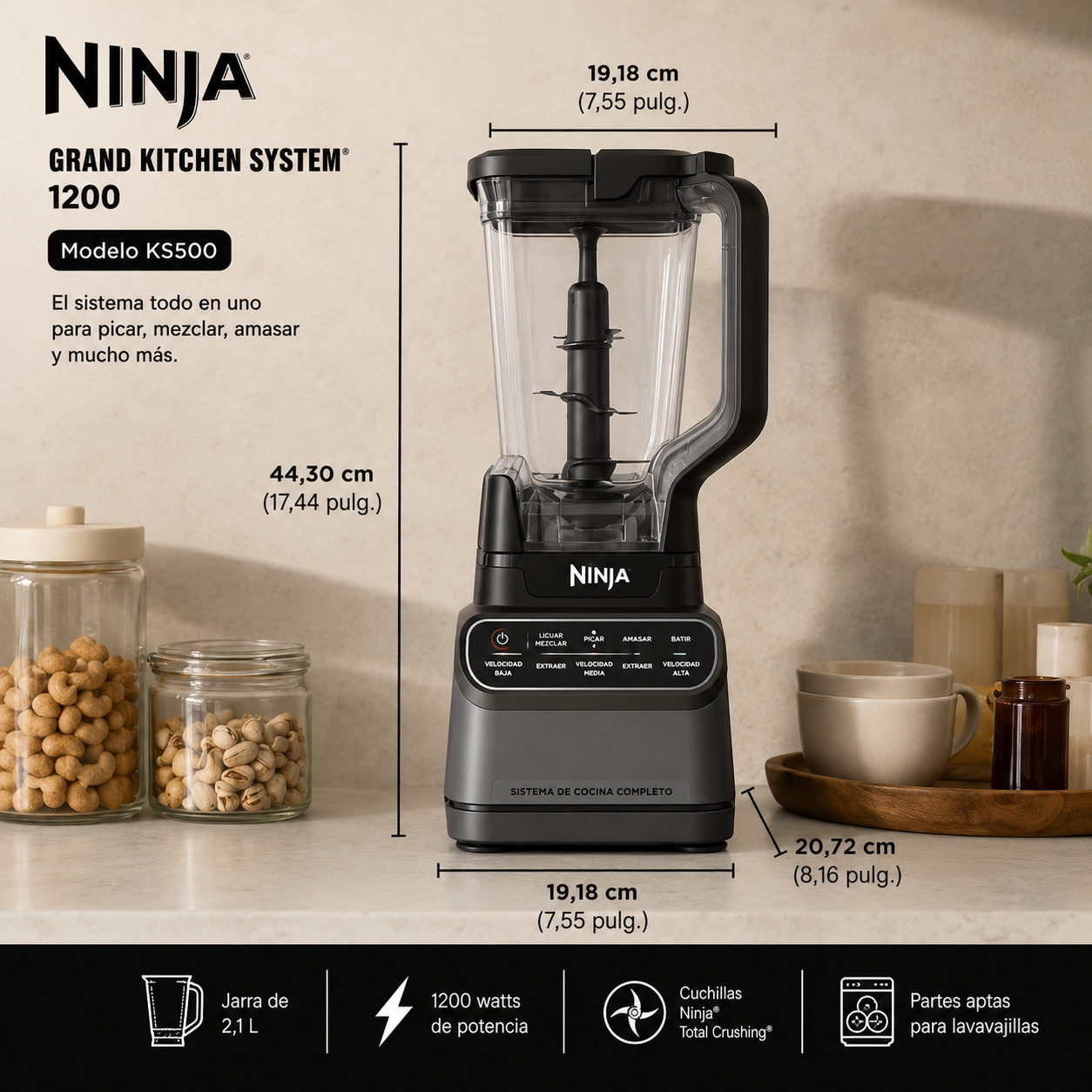 Ninja Grand Kitchen System 1200, Licuadora, 4 Programas Auto-iq Preestablecidos, KS500