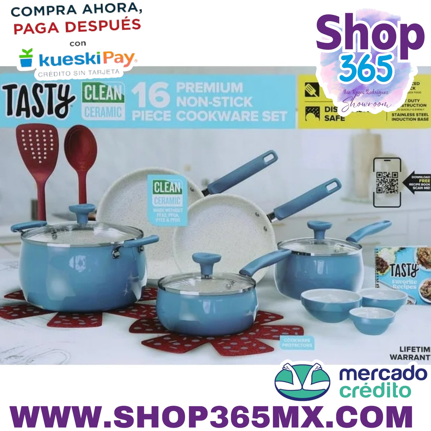 Tasty Clean Ceramic Juego de utensilios de cocina de aluminio antiadherentes de 16 piezas, color Slate Blue