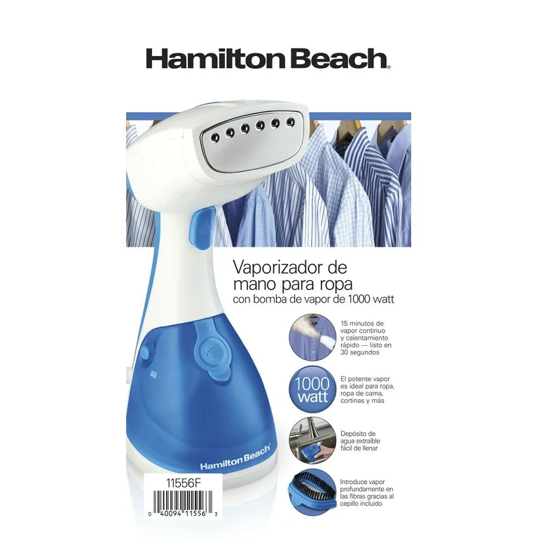 Hamilton Beach Garment Steamer de Mano para Ropa, Ropa de Cama, Cortinas, Viajes, Blanco, 11556