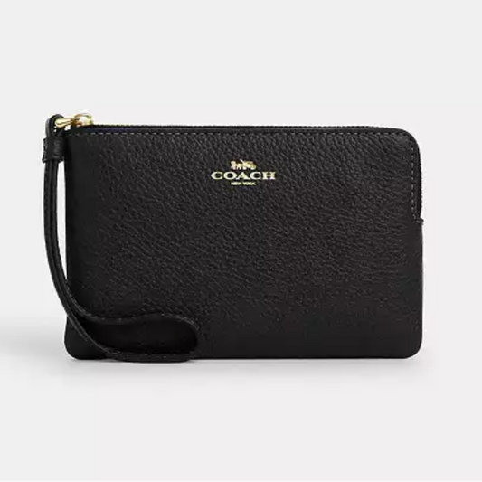 🖤 Coach Corner Zip Wristlet – Black / Gold