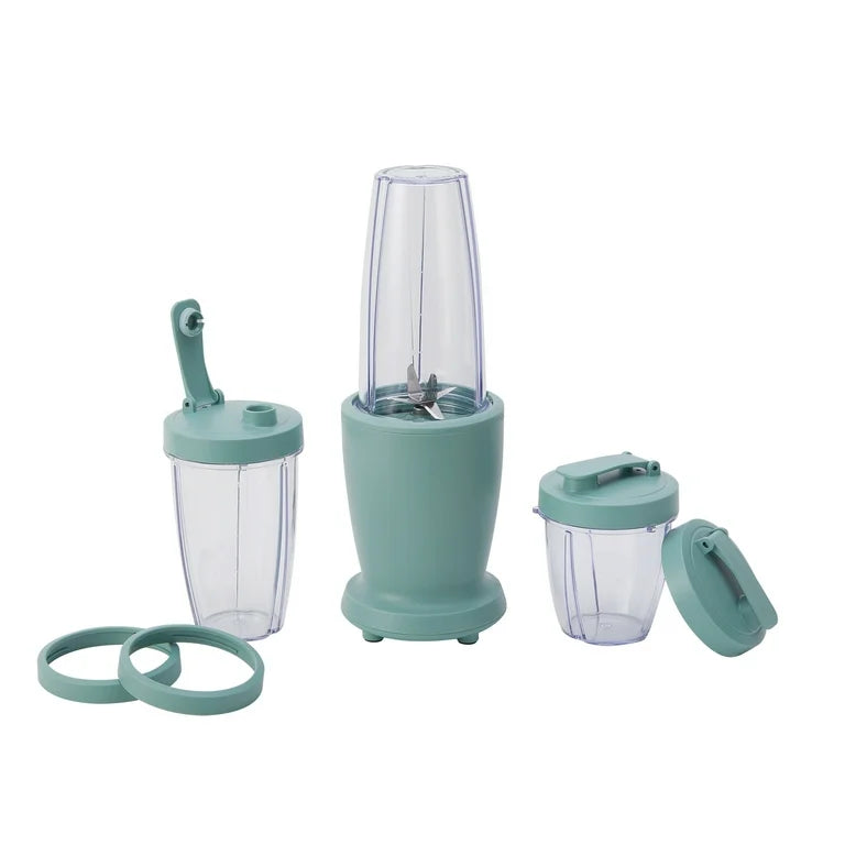 Mainstays Juego de Licuadora de 10 Piezas, Verde Salvia, 300W, con 3 Frascos (10oz, 16oz, 18oz), 2 Tapas para Beber, Cuchilla de Acero Inoxidable