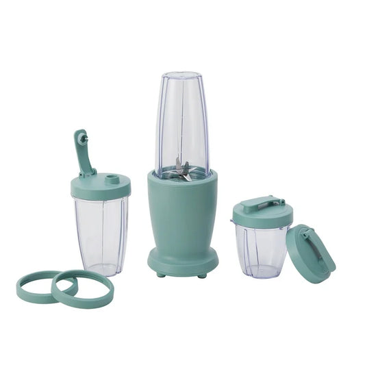 Mainstays Juego de Licuadora de 10 Piezas, Verde Salvia, 300W, con 3 Frascos (10oz, 16oz, 18oz), 2 Tapas para Beber, Cuchilla de Acero Inoxidable