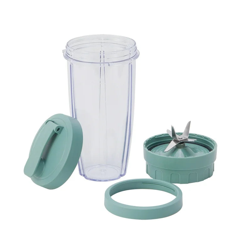 Mainstays Juego de Licuadora de 10 Piezas, Verde Salvia, 300W, con 3 Frascos (10oz, 16oz, 18oz), 2 Tapas para Beber, Cuchilla de Acero Inoxidable