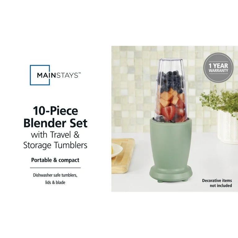 Mainstays Juego de Licuadora de 10 Piezas, Verde Salvia, 300W, con 3 Frascos (10oz, 16oz, 18oz), 2 Tapas para Beber, Cuchilla de Acero Inoxidable