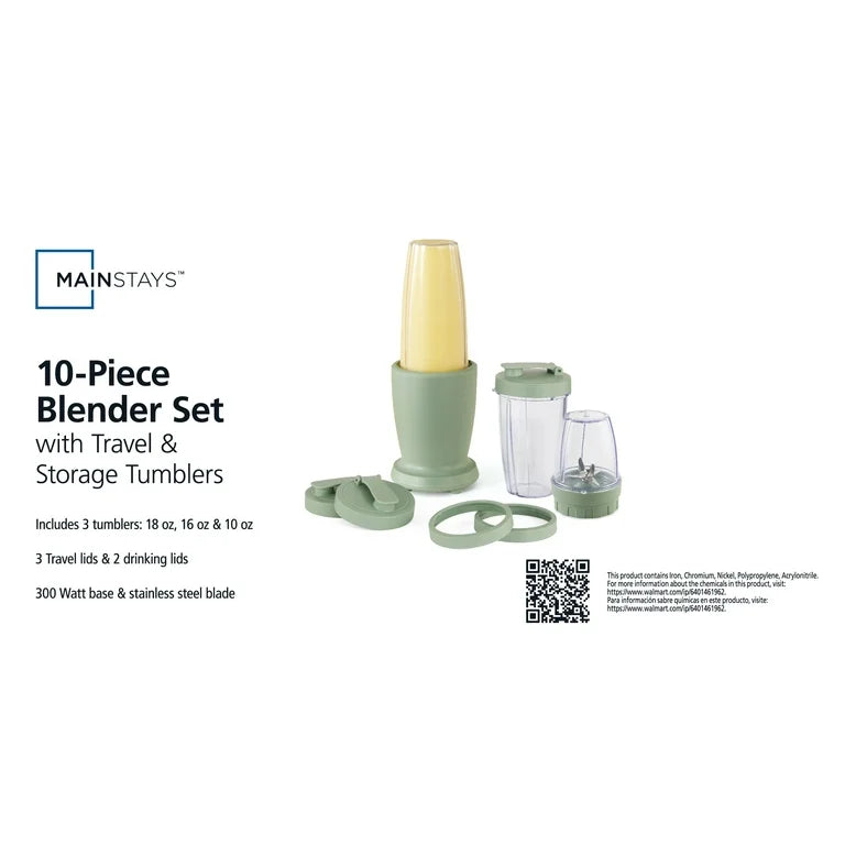 Mainstays Juego de Licuadora de 10 Piezas, Verde Salvia, 300W, con 3 Frascos (10oz, 16oz, 18oz), 2 Tapas para Beber, Cuchilla de Acero Inoxidable