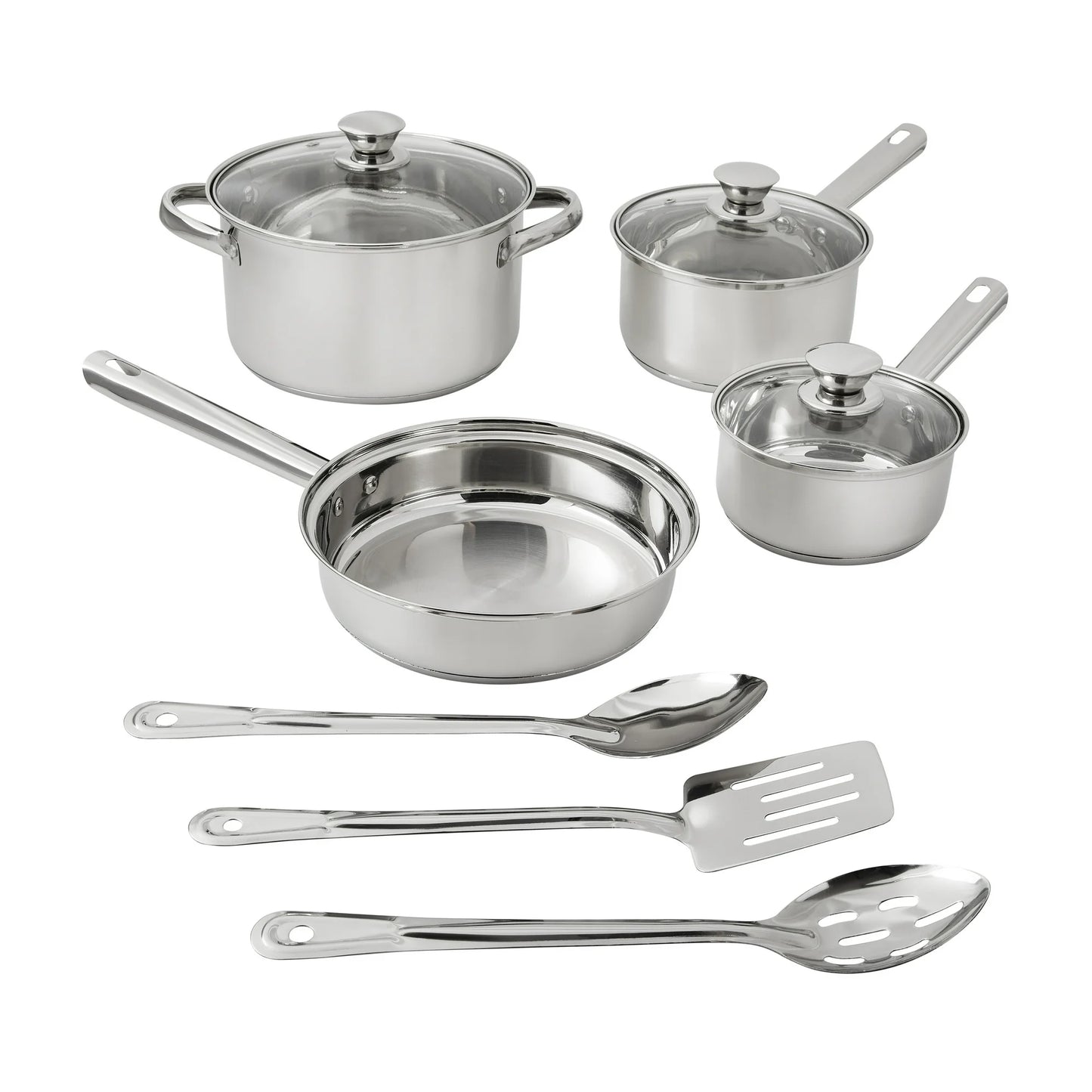 Mainstays Juego de Utensilios de Cocina y Sartenes de Acero Inoxidable Antiadherente de 10 Piezas