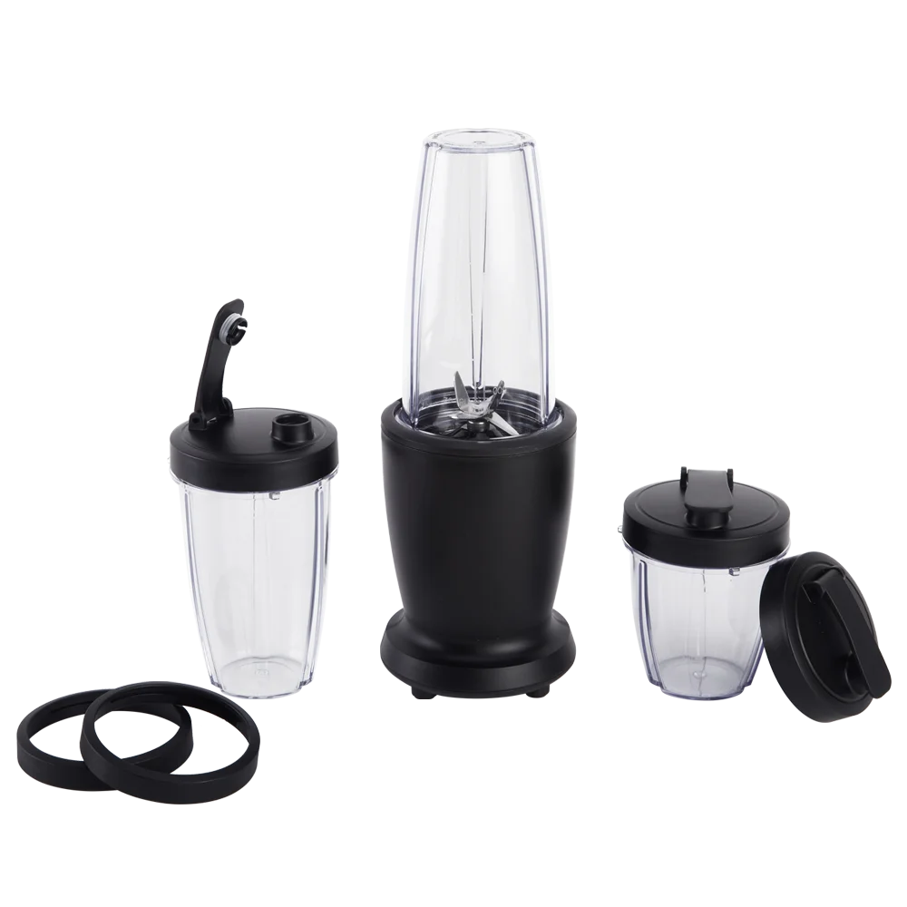 Mainstays Juego de Batidora de 10 Piezas, Negro, 300 W, con 3 Frascos (10 Oz, 16 Oz, 18 Oz), 2 Tapas para Beber, Hoja de Acero Inoxidable