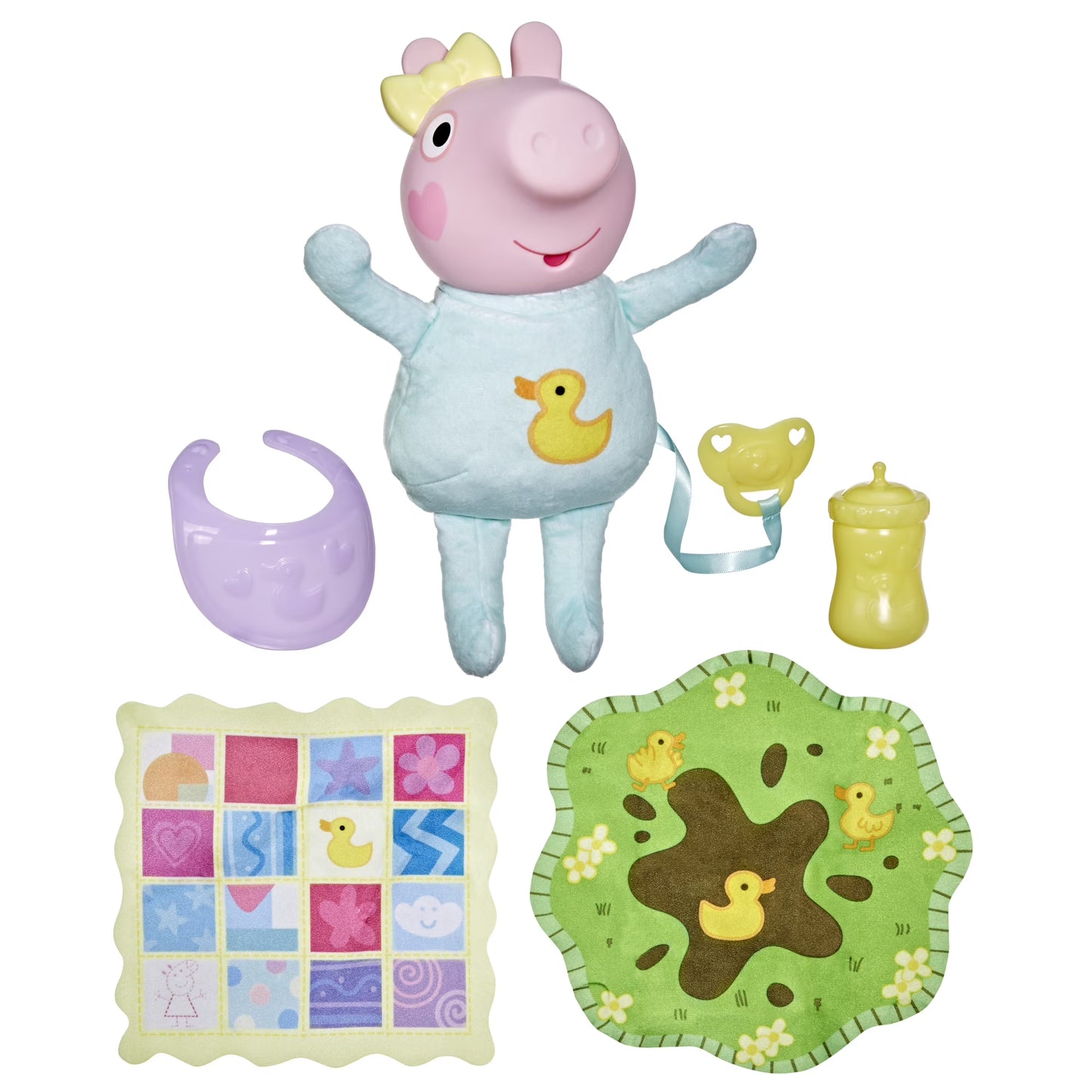 Peppa Pig Juega Oinks + Acurruca la Muñeca Interactiva Baby Evie con Accesorios, Más de 20 Sonidos, Más de 3