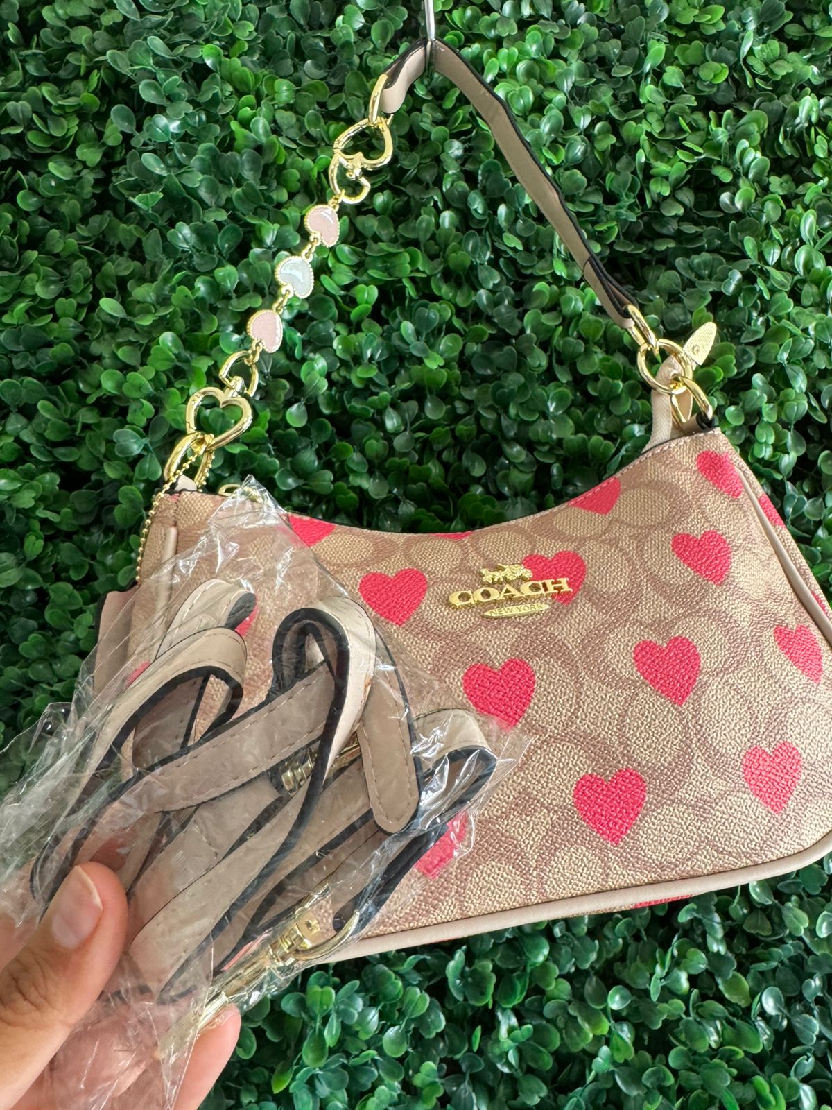A BOLSA COACH CAFE CLARO CORAZONES ROSAS