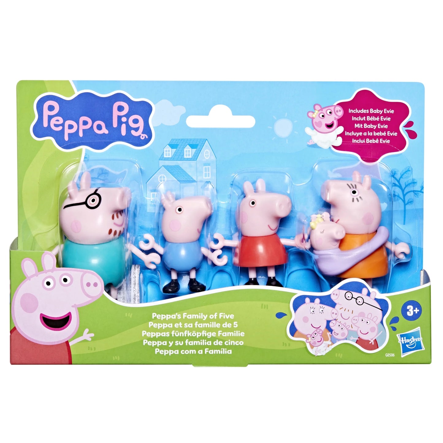 Peppa Pig Peppa La Familia de Cinco con Bebé Evie en Portabebés, Figuras Posables Tomadas de la Mano, Juguetes Preescolares para Mayores de 3 Años