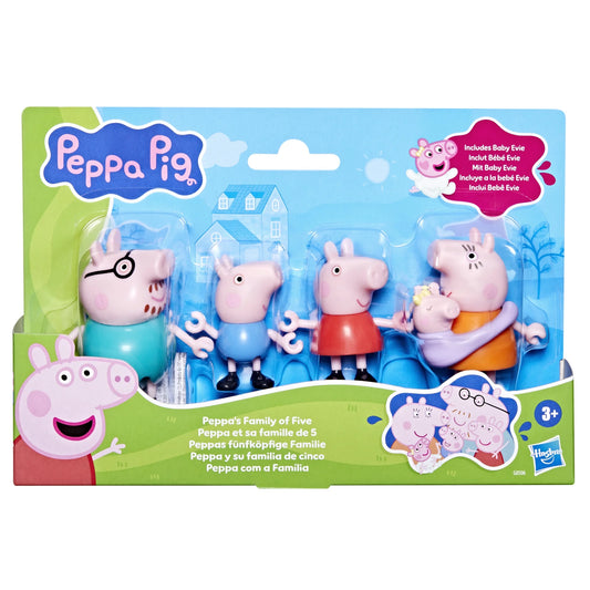 Peppa Pig Peppa La Familia de Cinco con Bebé Evie en Portabebés, Figuras Posables Tomadas de la Mano, Juguetes Preescolares para Mayores de 3 Años