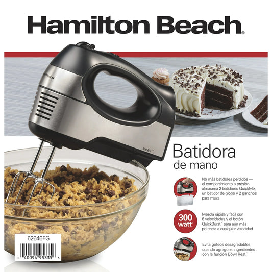 Hamilton Beach Batidora de Mano de 6 Velocidades y Alto Rendimiento, Incluye Estuche, 5 Accesorios, Acero Inoxidable, 62646F