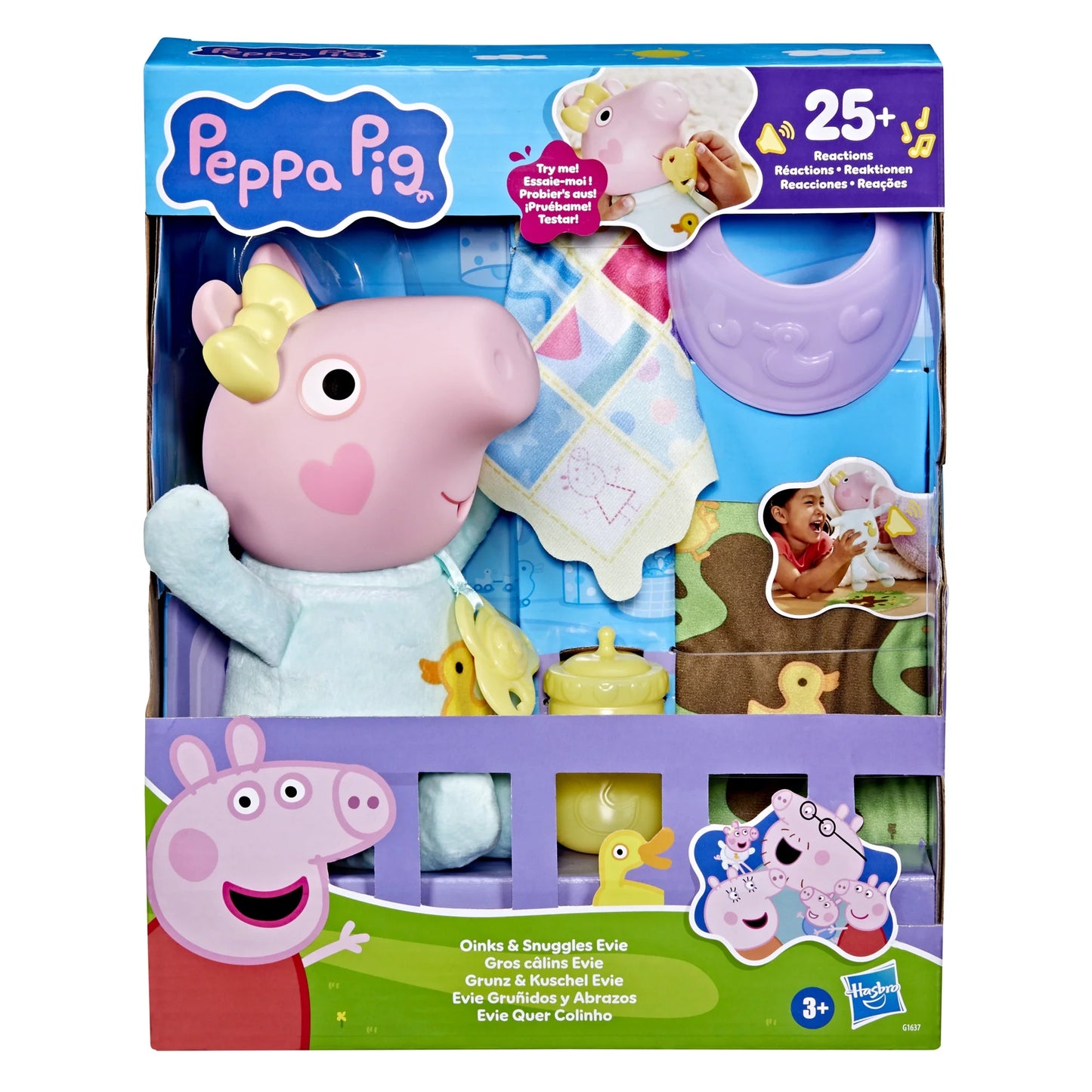 Peppa Pig Juega Oinks + Acurruca la Muñeca Interactiva Baby Evie con Accesorios, Más de 20 Sonidos, Más de 3