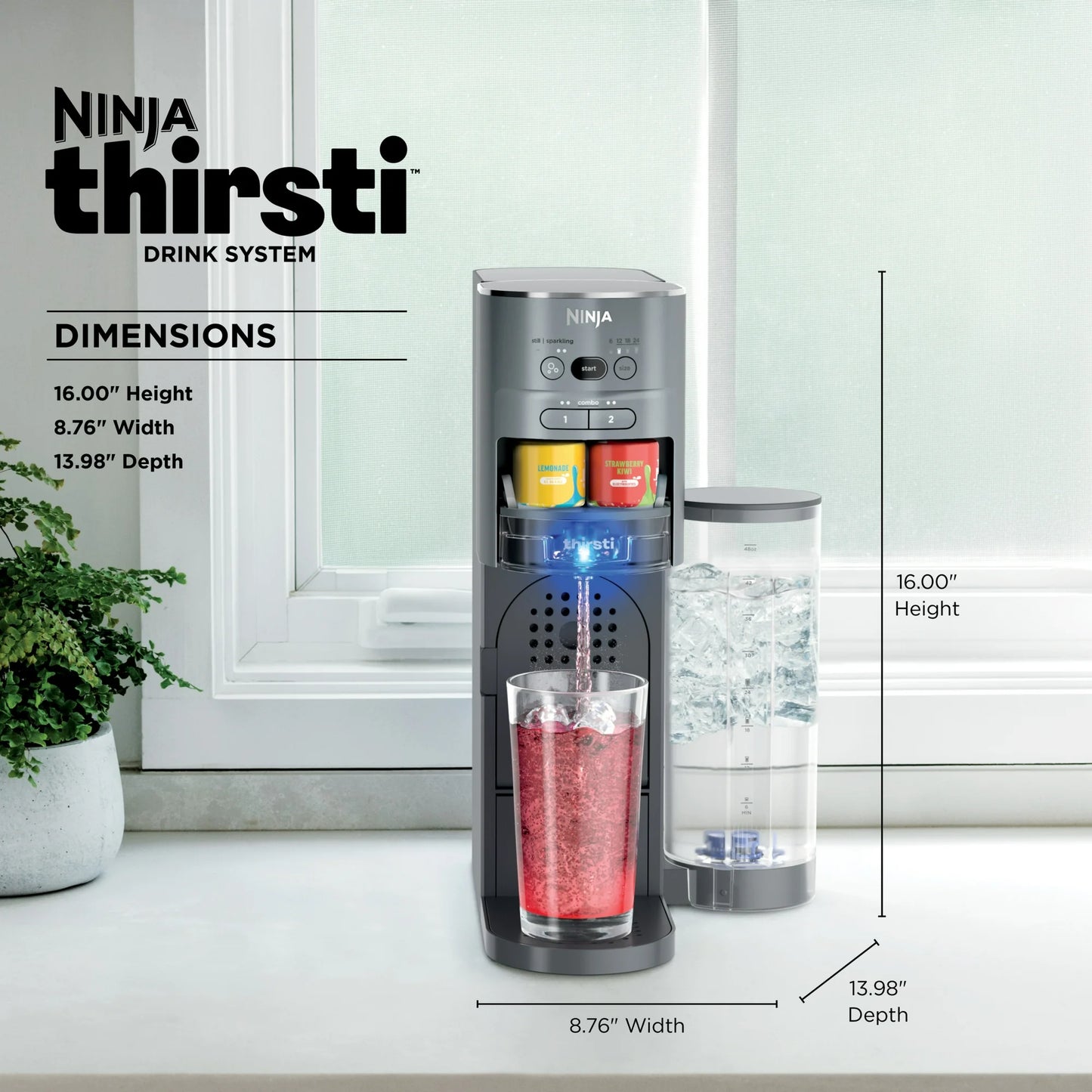 Ninja Thirsti Sistema de Bebidas Kit de Bebidas de Personalización Completa y Brillante con Bote de CO2, Sabores y Depósito de 48 Oz, WC1000, Gris