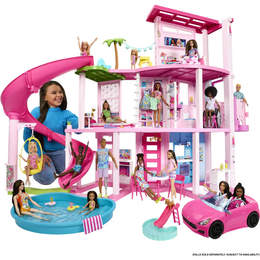 Barbie Dreamhouse Casa de Muñecas para Fiestas en la Piscina y Juego con Más de 75 Piezas, 45 Pulgadas, Tobogán y Elevador para Cachorros