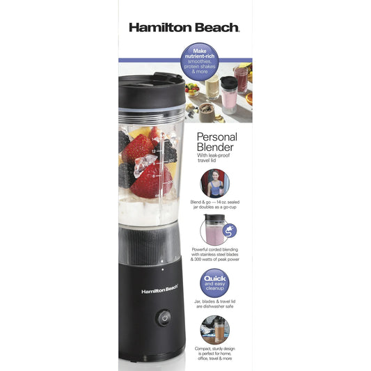 Hamilton Beach Licuadora Personal con Tapa de Viaje a Prueba de Fugas, Jarra de 14 oz, Color Negro, 51190F