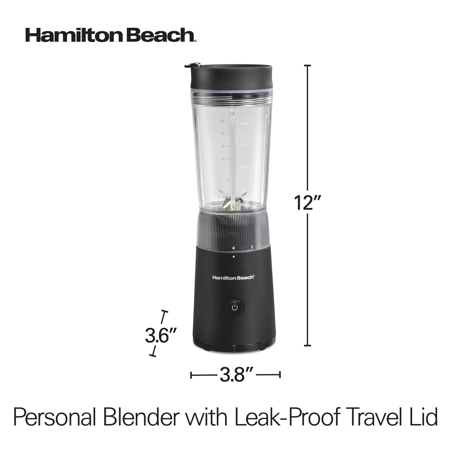 Hamilton Beach Licuadora Personal con Tapa de Viaje a Prueba de Fugas, Jarra de 14 oz, Color Negro, 51190F