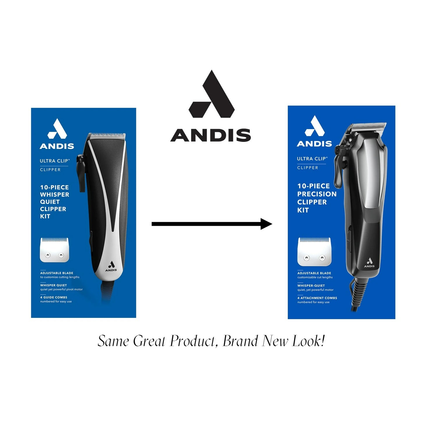 Andis Ultra Kit de Cortapelos Clip con Cable de 10 Piezas, Negro / Plateado