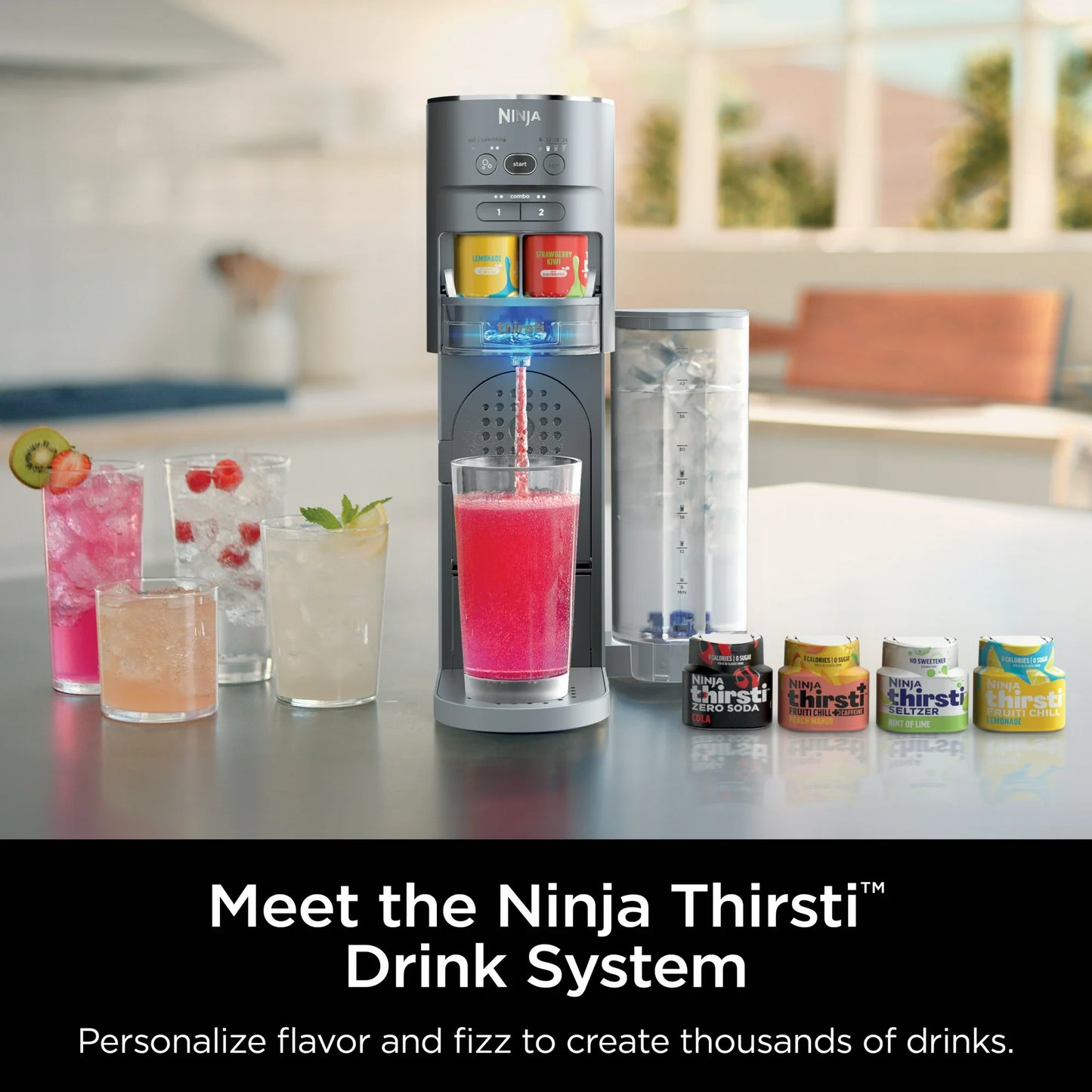 Ninja Thirsti Sistema de Bebidas Kit de Bebidas de Personalización Completa y Brillante con Bote de CO2, Sabores y Depósito de 48 Oz, WC1000, Gris